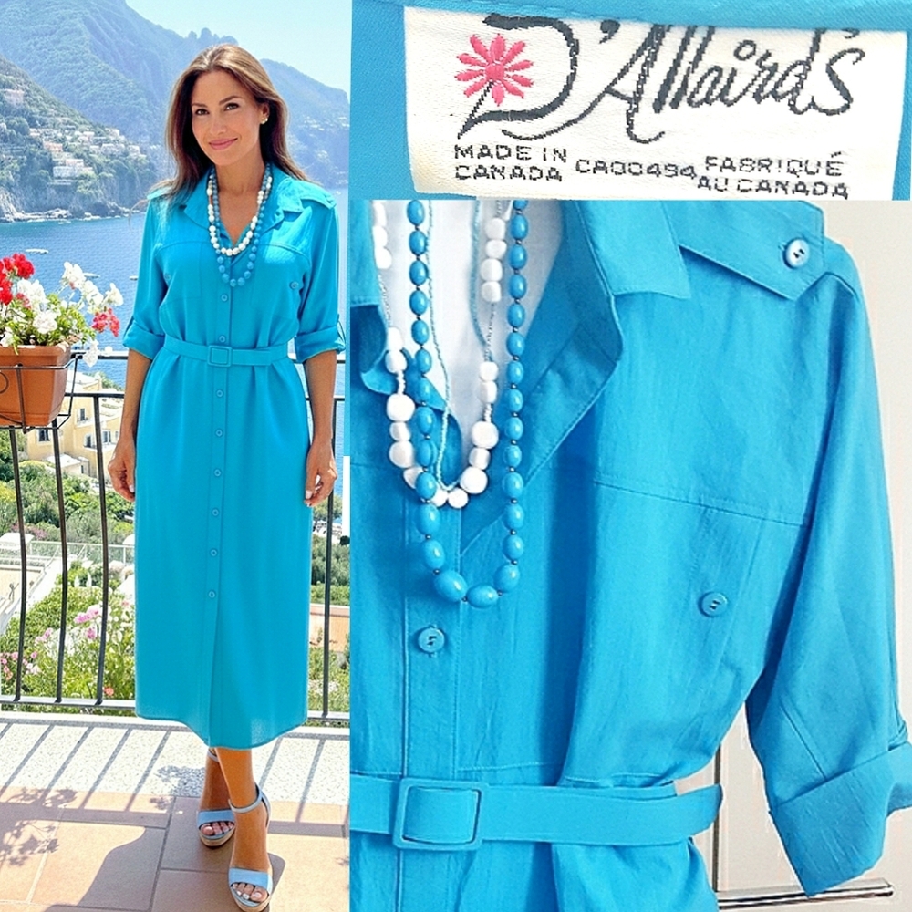 80's-90's Summer Blue Dress🏝D'Allairds💙Buttons Up|Wide Sleeves